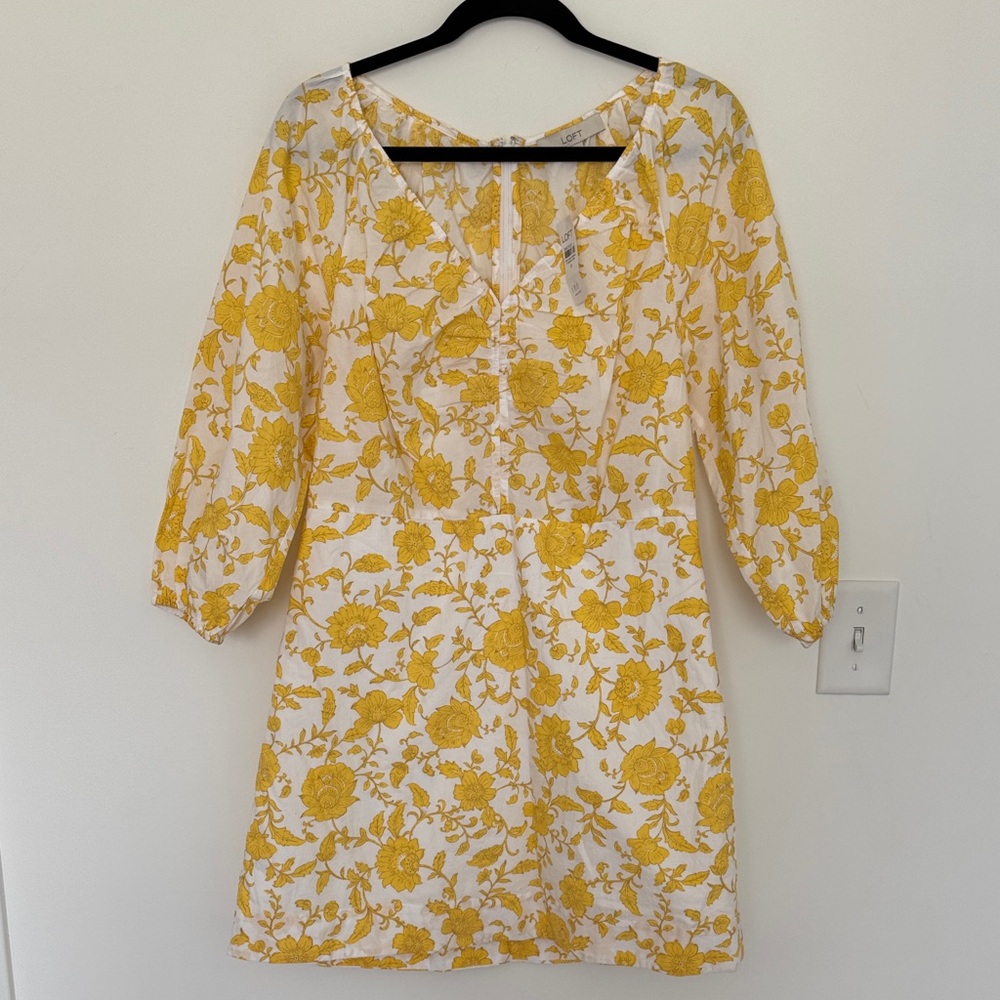 LOFT NWT Yellow 100% Cotton Floral Poplin Shirred Mini Dress - Size 8 - Picture 2 of 8